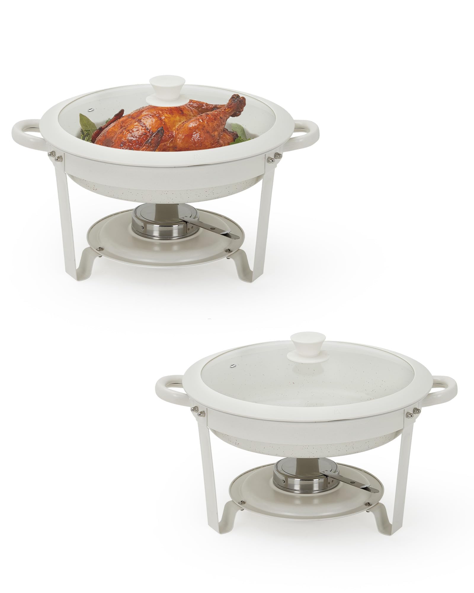 LinTimes 2PCS Maifanite Stone Coated Chafing Dish Buffet Set, 5-Litre Non-Stick Food Warmer Buffet Server with Glass Lids, Round Bain Marie Catering Serving Equipment for Weddings & Parties