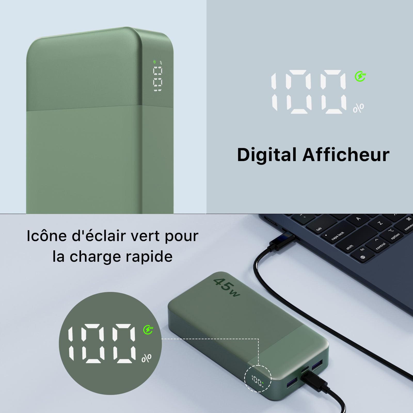Nobis Batterie Externe 20000mAh Power Bank 45W Chargeur Externe Portable USB-C in & Out Charge Rapide, 4 Ports avec Affichage Numérique LED, Compatible avec MacBook, Phone 15 14 13 Pro S23 (Vert)