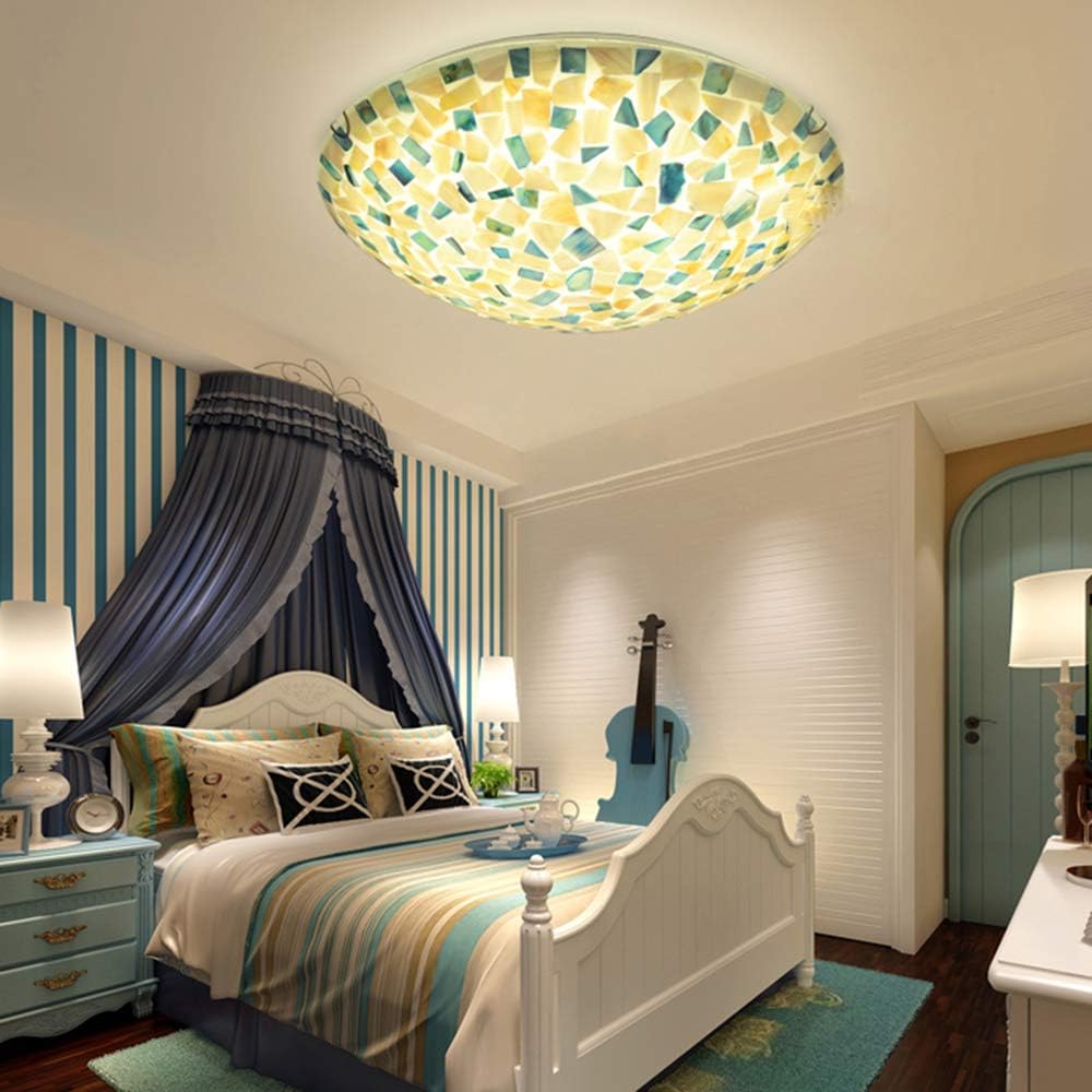 KWOKING Lighting Classic Mosaic Flush Mount Ceiling Light with Beige and Blue Shell Shade 11.81" Handmade Stained Glass Hanging Lamp for Entrance Living Room Kitchen - A