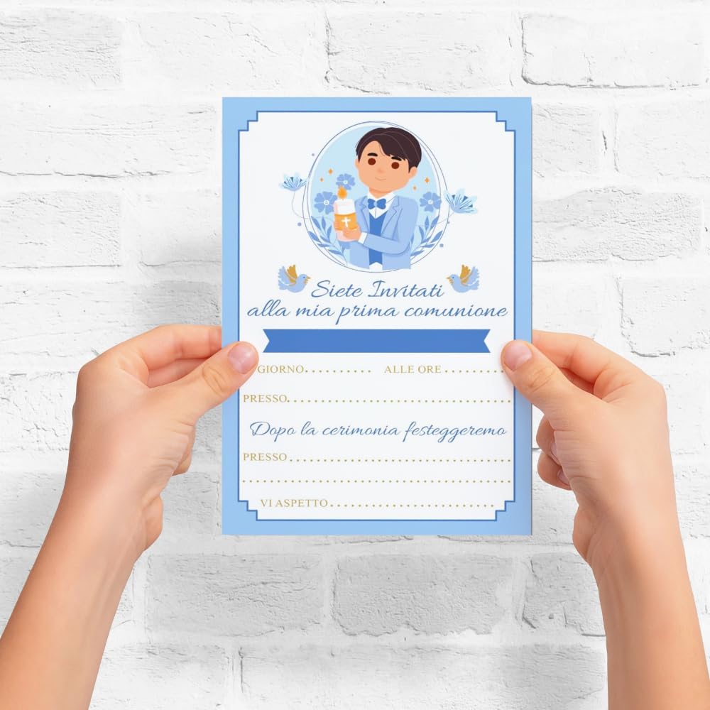 PRINTSERVIS 20 First Communion Party Invitation Cards, Choice Graphics, Customizable with Name, Date and Place (Bimbo Cappelli Mori) - Image 2