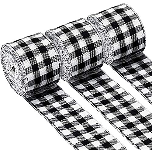 3 Rolls Buffalo Plaid Burlap Wired Ribbon Weave Ribbon with Wired Edge Bows Craft Decoration for Big Bow Wreath Tree Decoration Outdoor (White and Black Plaid 2.4 by 315 Inches)