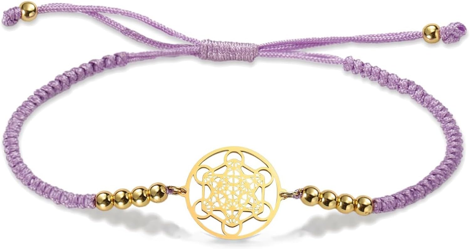 Faozhuo Sacred Geometry Metatrons Cube Bracelet for Men Women Adjustable Stainless Steel Braided Colorful Beaded Cord Jewelry Archangel Seals Amulet, Metatron Cube-p