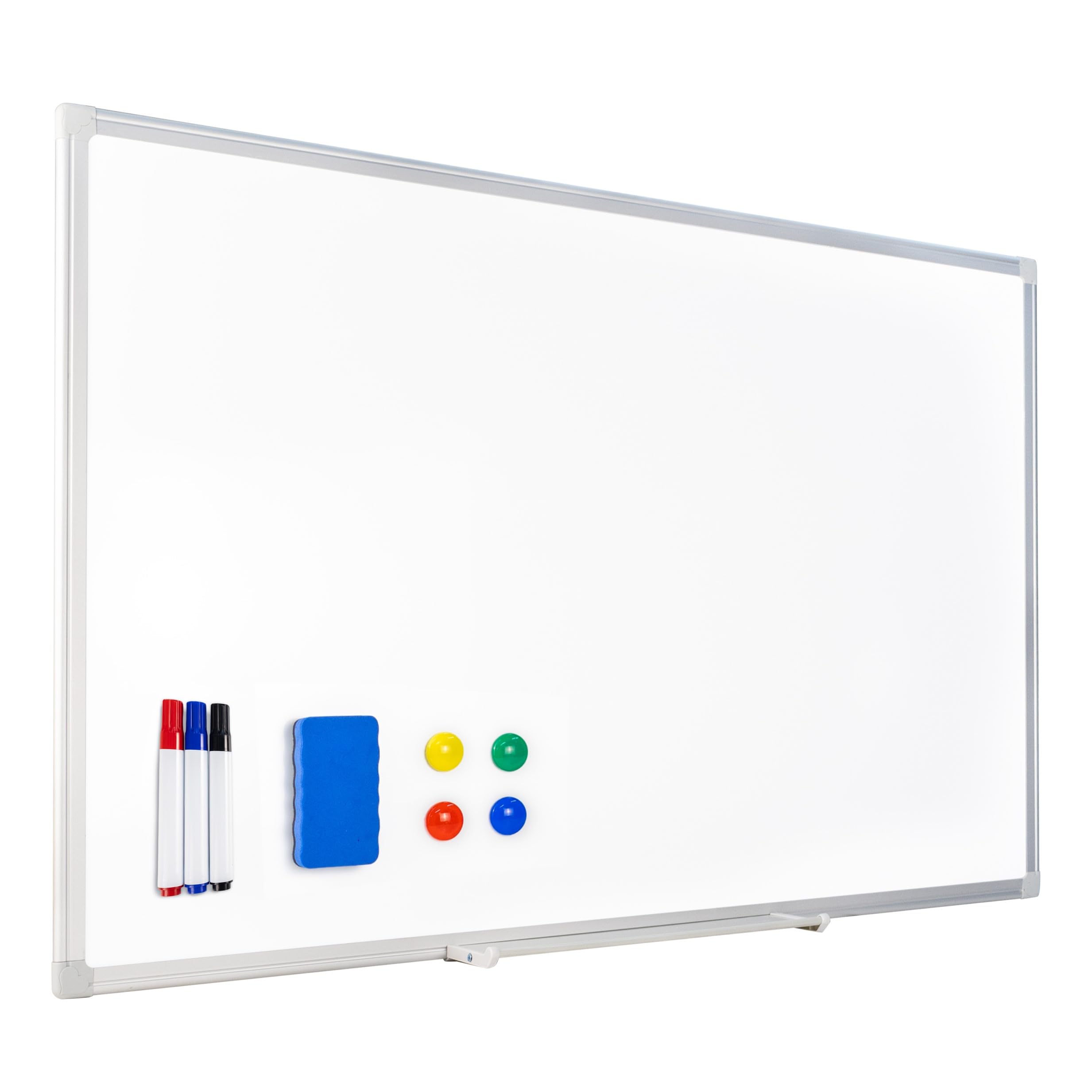 Raylu Paper® - Pizarra blanca magnética con marco de aluminio, bandeja para rotuladores, kit de montaje, 3 rotuladores, 4 imanes y 1 borrador magnético, Pizarra blanca de borrado en seco. (90 x 60 cm)