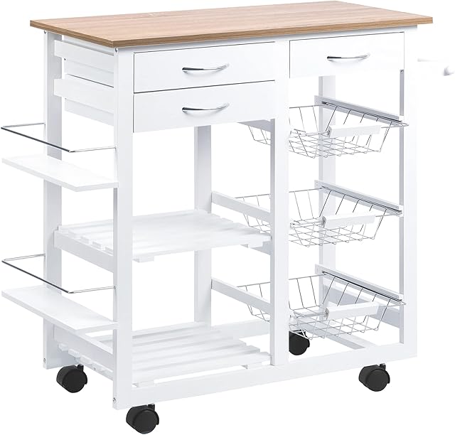 HOMCOM Rolling Kitchen Island on Wheels Trolley Utility Cart with Spice Racks, Towel Rack, Baskets & Drawers for Dining Room