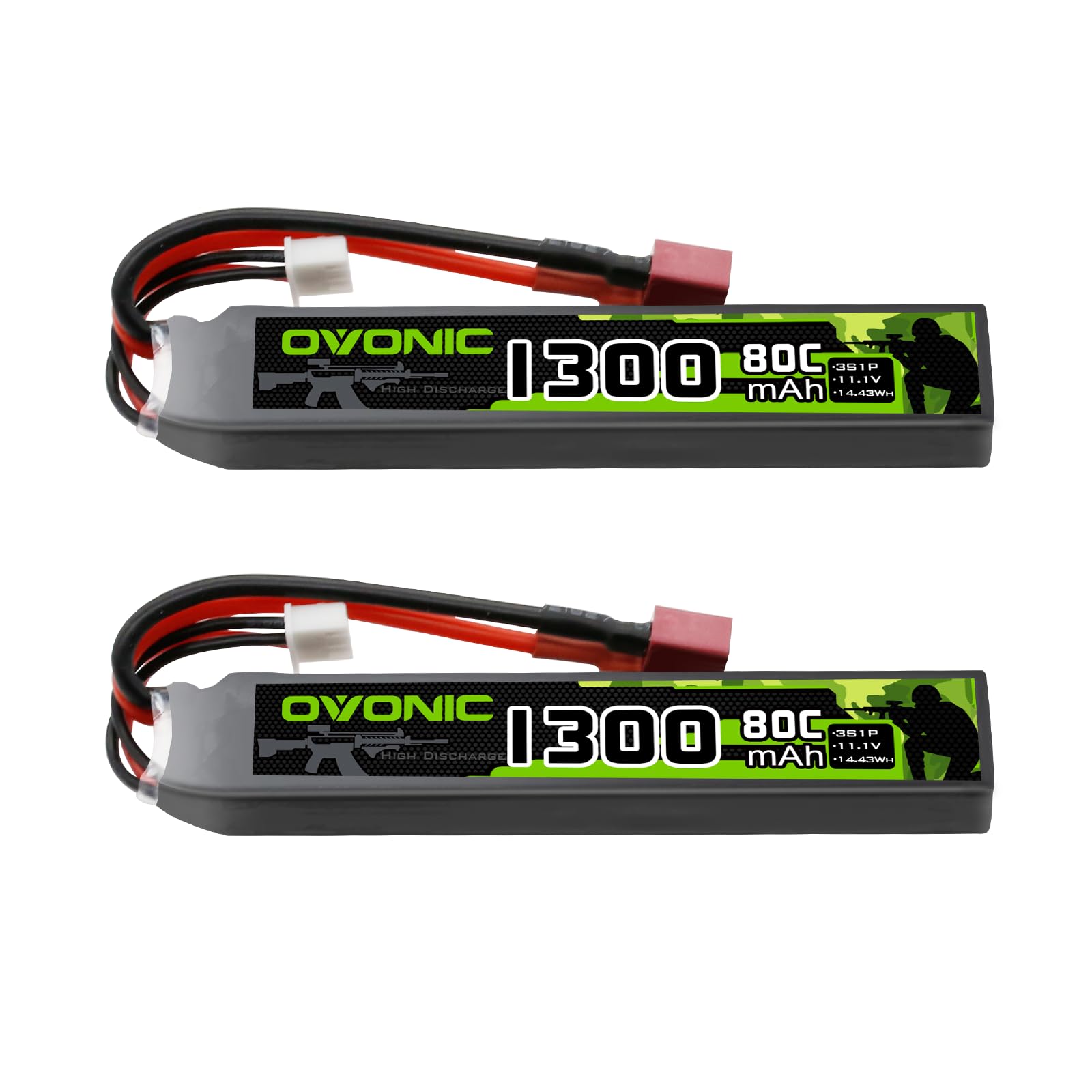 OVONIC 3s Lipo Battery 11.1V 1300mAh 80C with Dean-Style T Plug Lipo Battery for Airsoft Guns(2PCS)