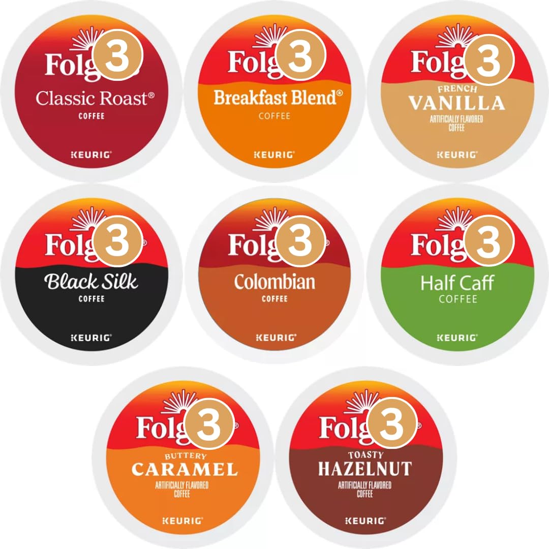 K-cups Coffee Pods Variety Sampler Includes Classic Roast, Black Silk, Breakfast Blend, Colombian, Hazelnut, Caramel and French Vanilla for Keurig Brewers. 24 Count