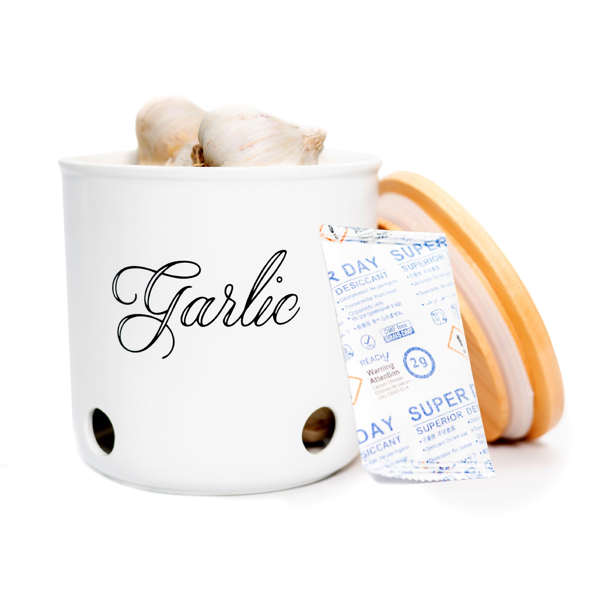 Dizzy Dragonfly Co. Garlic Keeper - Storage Jar with Bamboo lid & Moisture Control Desiccant Packet, Extra Large Garlic Keeper for Counter, White Ceramic Containers with Lids for Garlic, Garlic Saver