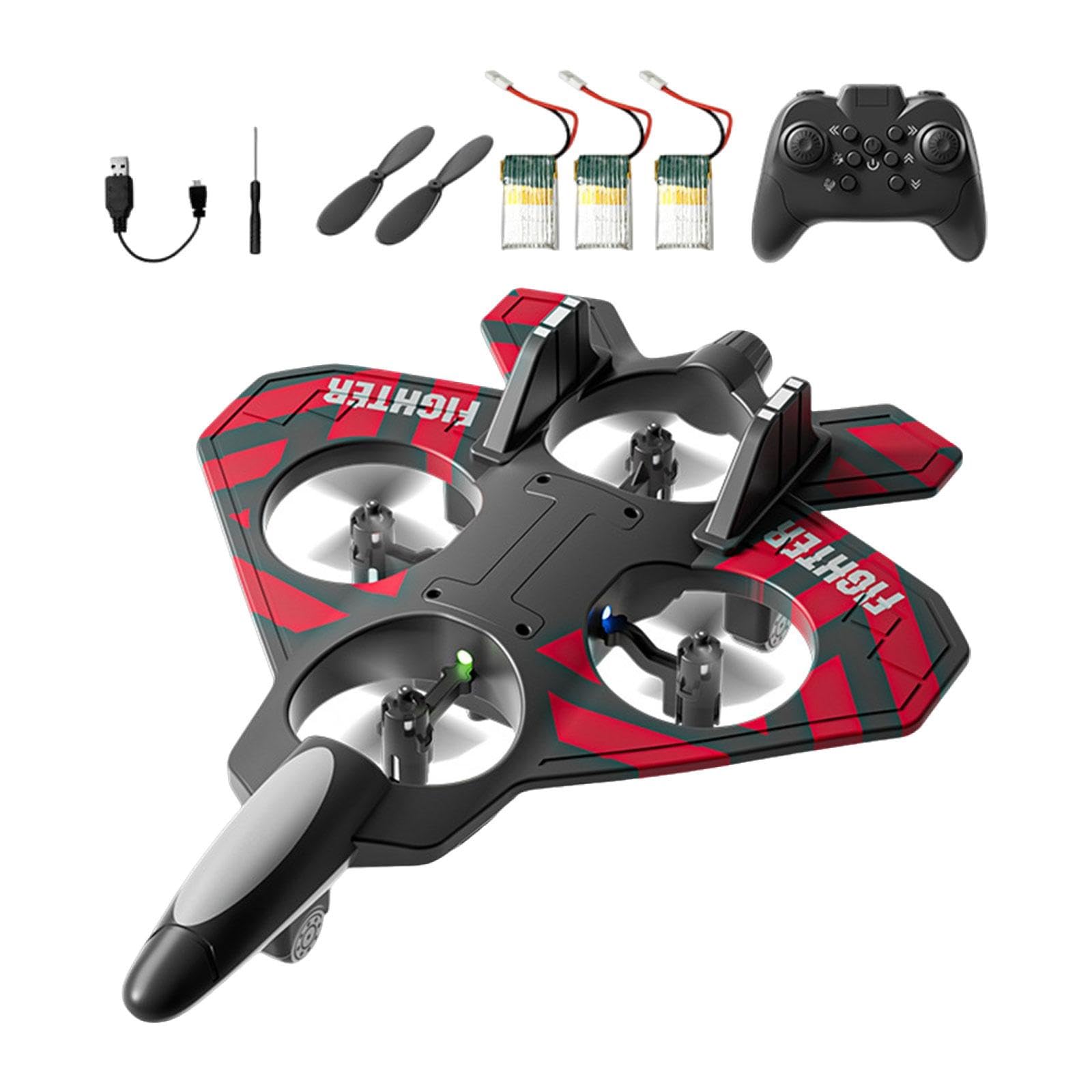 1 Pezzo Aeroplano Radiocomandato RC Plane Hobby Glider Elicottero Quadcopter Telecomando Struttura Robusta Funzione velocità Doppia Regolabile Illumin, Rosso con 3 Batterie