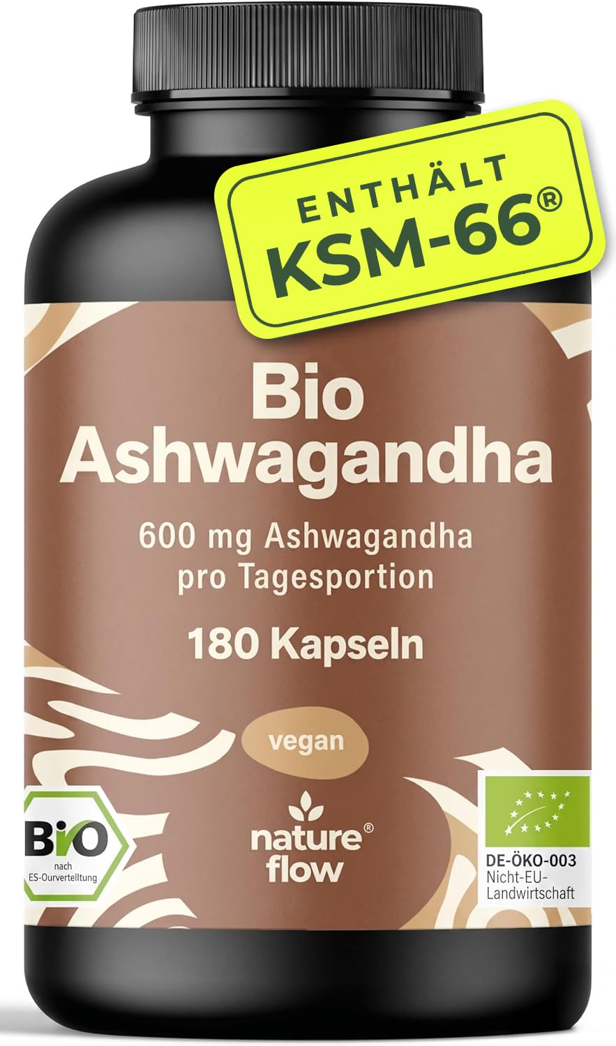 Bio Ashwagandha KSM-66® hochdosiert – 180 Kapseln – 600 mg KSM-66® | vegan, abgefüllt in Deutschland, laborgeprüft