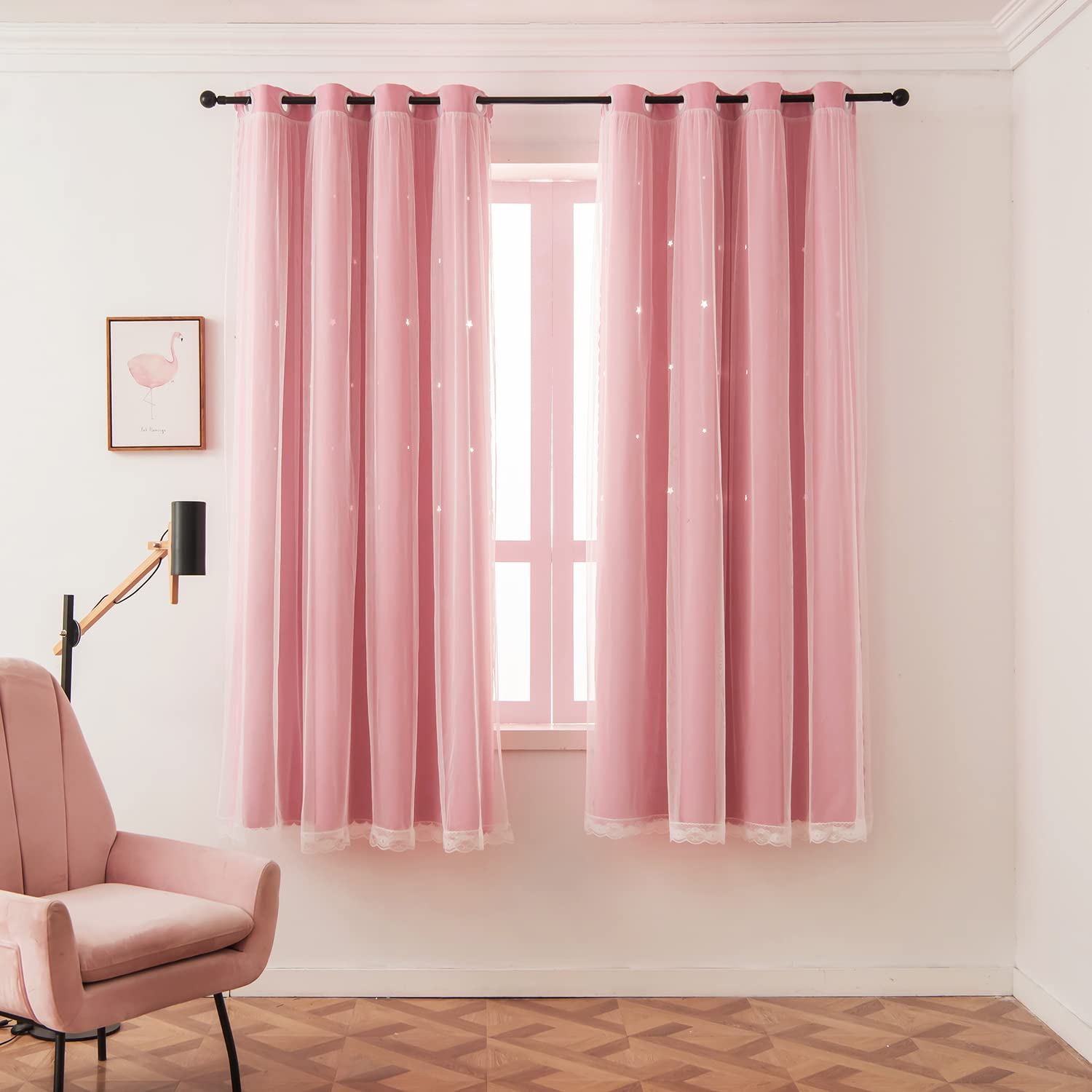 Bujasso Tende Oscuranti Rosa Con Sovrapposizione Trasparente - 2 Pannelli 97x160 Cm - Camera Da Letto Ragazze