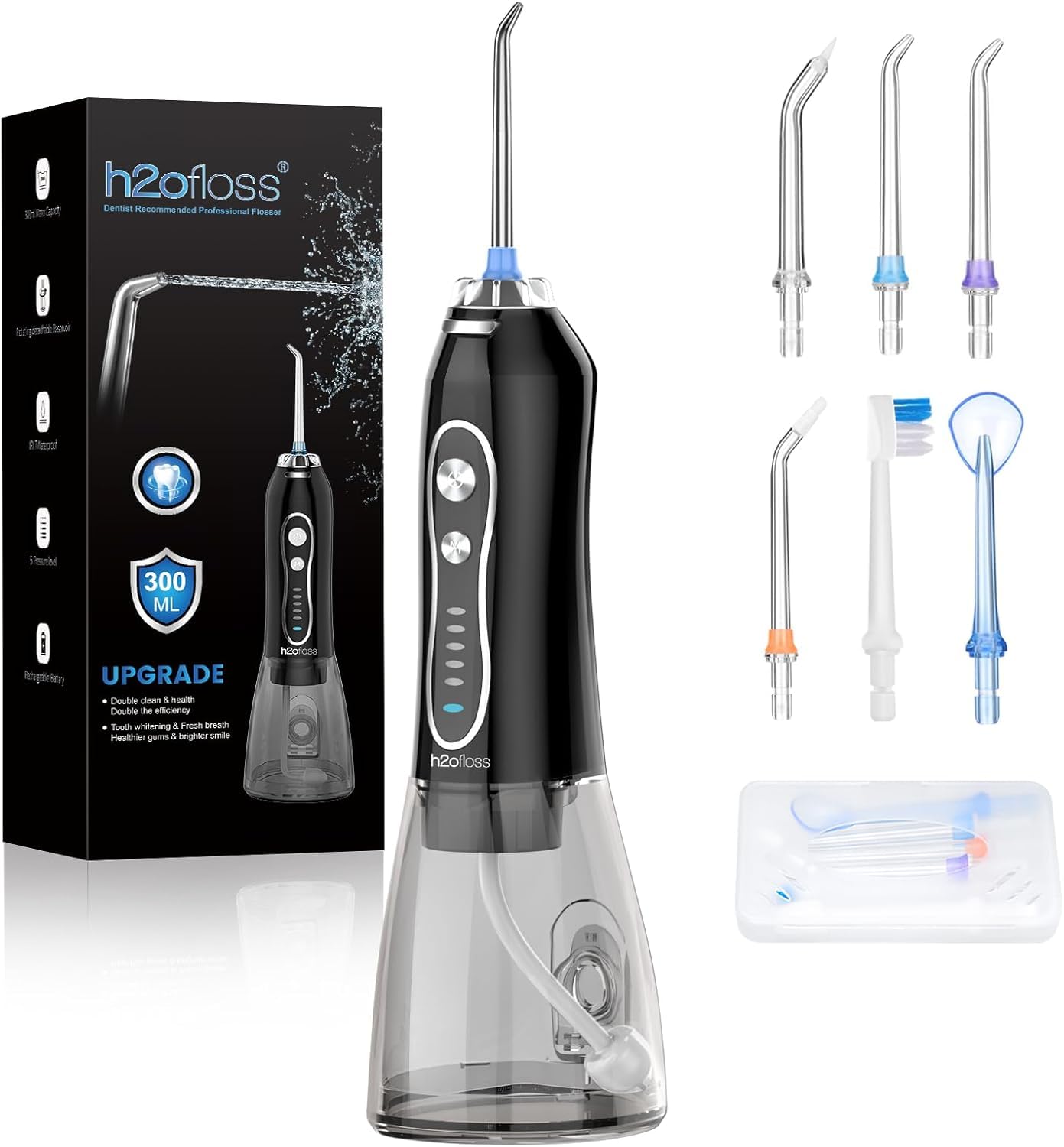H2ofloss Water Dental Flosser Teeth Pick -Portable Oral Irrigator with 5 Modes, Rechargeable IPX7 Waterproof Orthodontic Teeth Cleaner Pick Cordless for Home Travel-300ml Water Tank (Black.)