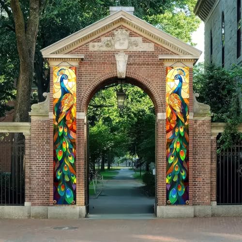 Image of BlissYard 2pcs Peacock Decorations Door Banner Stained Glass Peacock Porch Banners Hanging Sign Banner Seasonal Decor for Porch Patio Garden Outdoor Indoor Elegant Home Decoration Supplies
