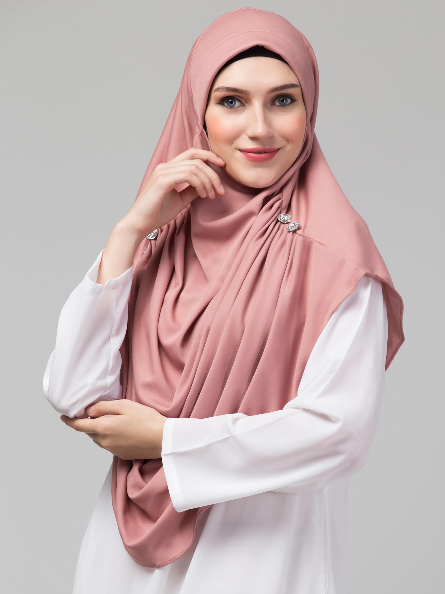 NAZNEEN Polyester Front Gather & Pleated With Cristal Stone Ready To Wear Prayer Hijab (Mouve Pink Pleated), Female 2