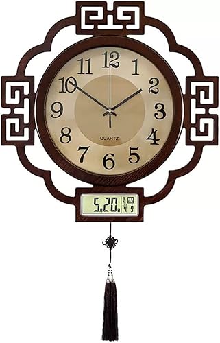 Reloj de pared vintage de madera colgante con calendario perpetuo y pantalla de termómetro, silencioso, sin tictac, funciona con pilas, para