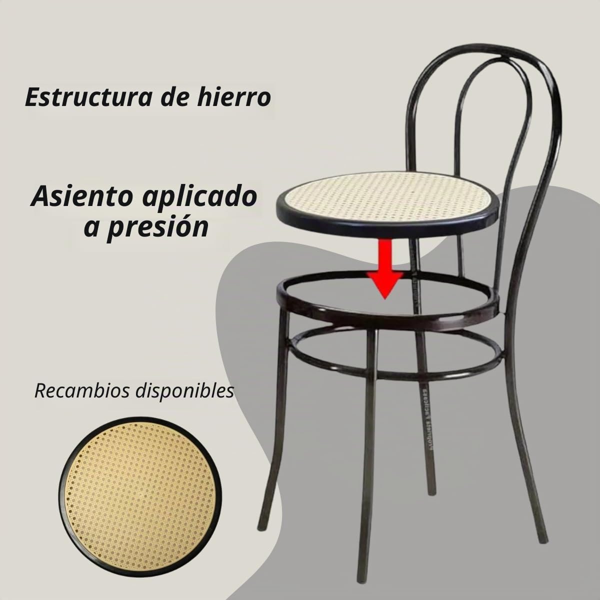 Tomaino - Silla de cocina de hierro con asiento de paja - Juego de sillas de comedor Viena (4, negro)
