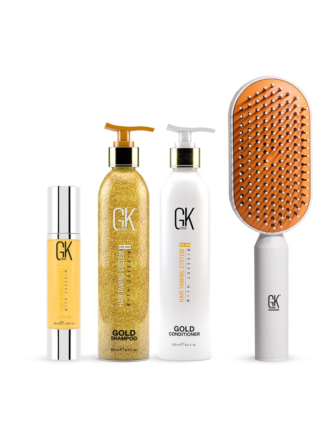 GK Hair Gold Shampoo and Conditioner 250ml + Argan Serum 50ml with GK Hair Professional Brush