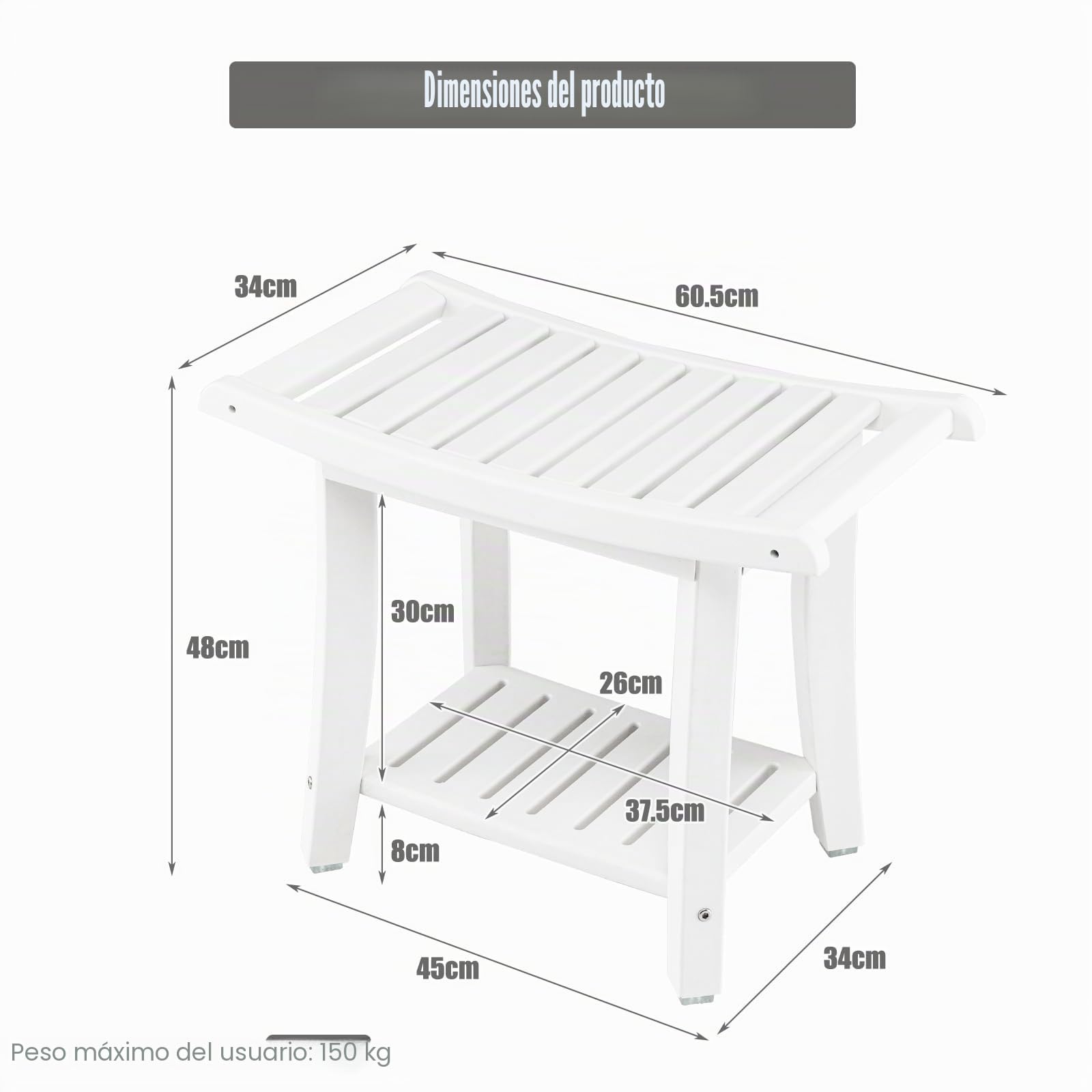 HOMASIS Taburete de Ducha, Taburete de baño de HDPE, Mueble Multiusos con reposapiés, Banco de Ducha Impermeable, Capacidad de 150 kg, 60,5 x 34 x 48 cm, Color Blanco