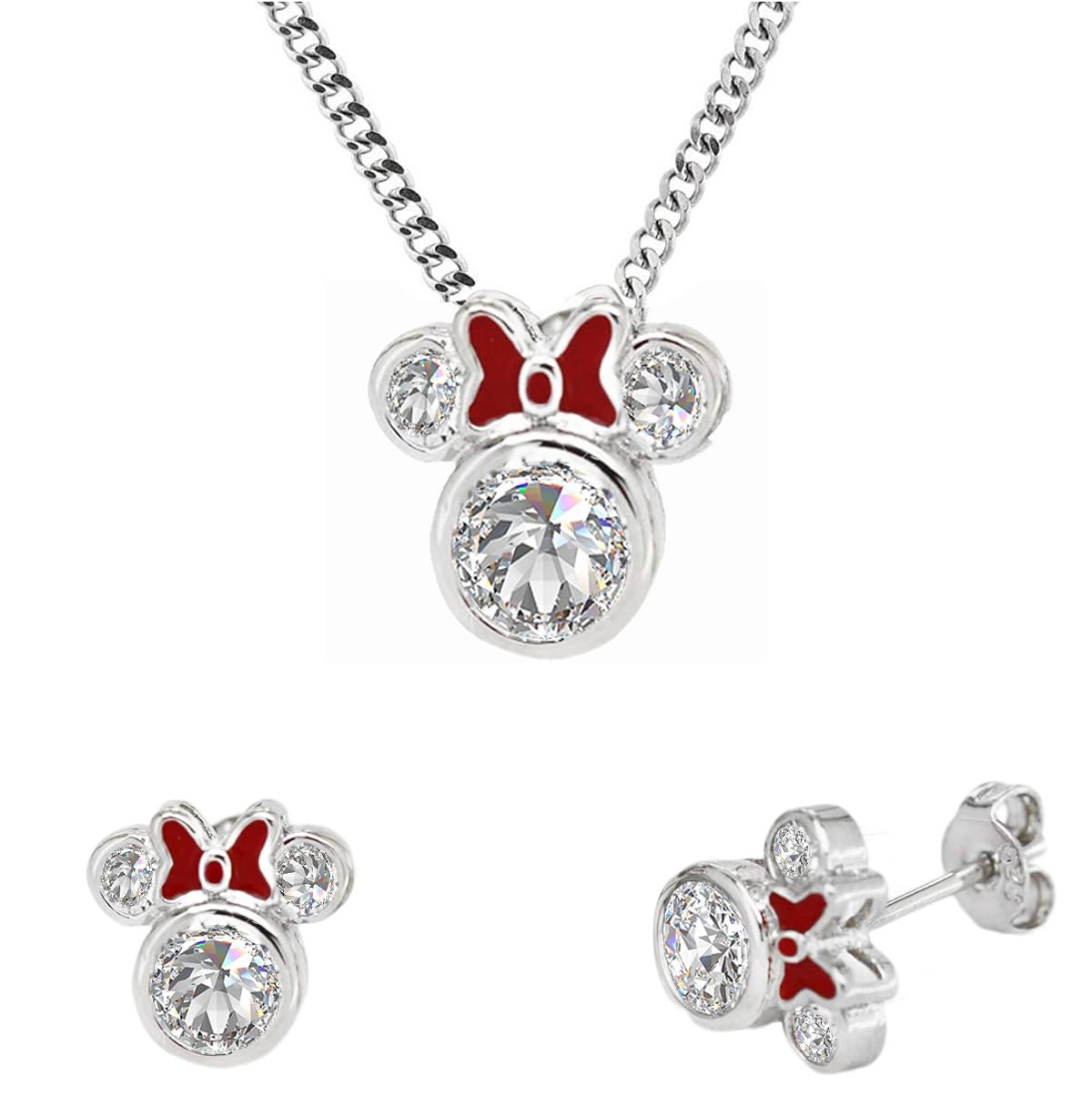 Baobei juego de collar de cristal para mujer con lazo rojo brillante y circonita cúbica de plata de ley con colgante de Mickey Mouse y pendientes de tuerca, regalo para mujeres y niñas