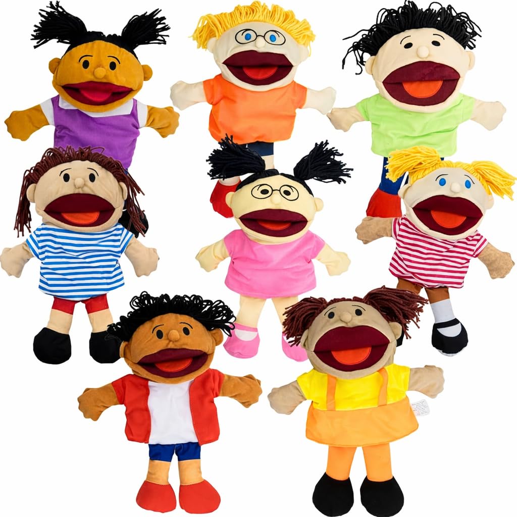 4E's Novelty Multicultural Hand Puppets for Kids - 8 Pack with Movable Mouth, Bulk Soft Plush Puppets for Kids Ages 4-8, for School Home Theater Shows, Teachers Classroom Supplies
