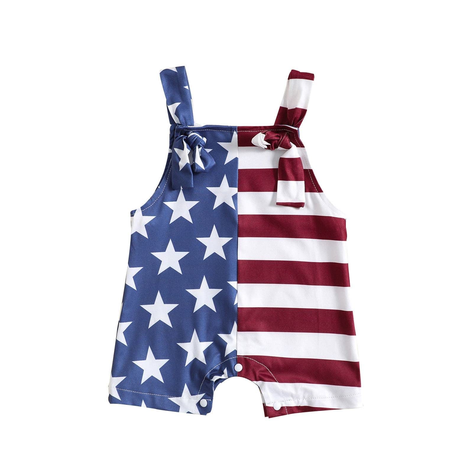 RNTOP Toddler Baby Girl Boy 4th of July Outfits American Flag Star Striped Overalls Romper (White, 18-24 Months)
