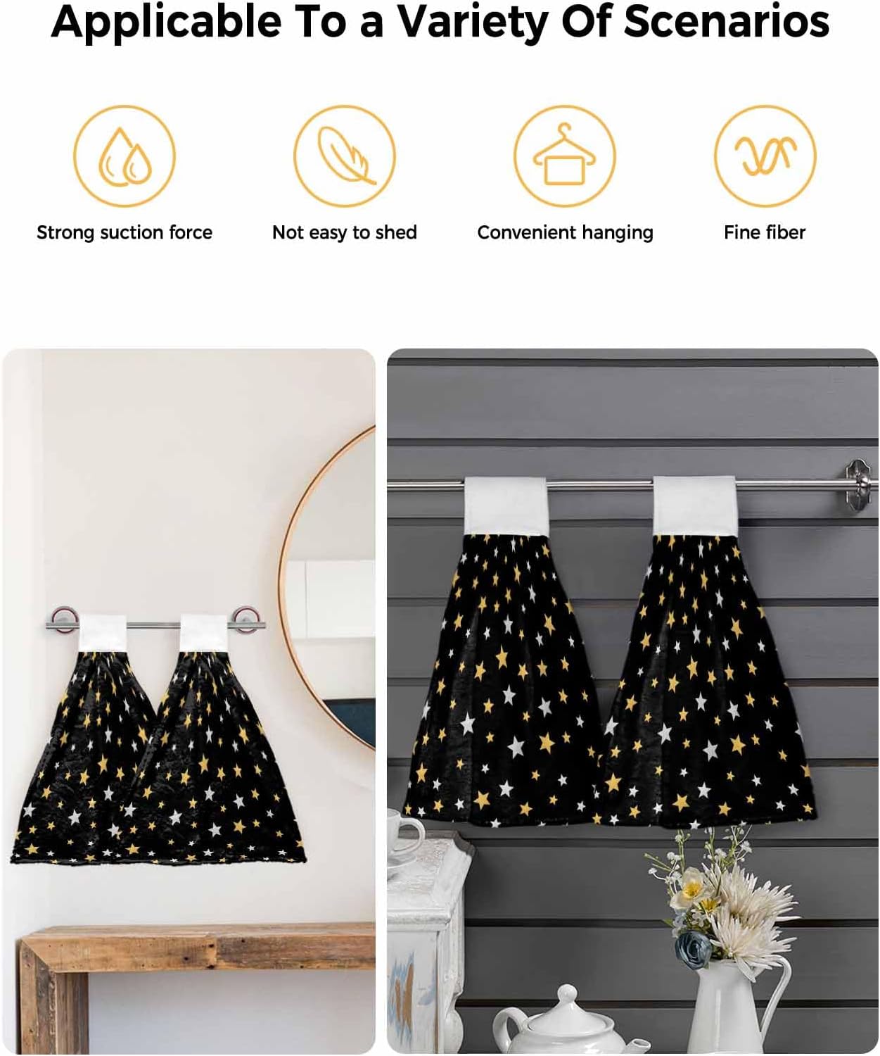 Black Stars Modern Kitchen Hand Towels with Hanging Loops Set of 2 Yellow White Star Modern Art Soft Thick Oven Fingertip Dry Microfiber Tie Dish Towel Absorbent Cleaning Washcloth for Bathroom