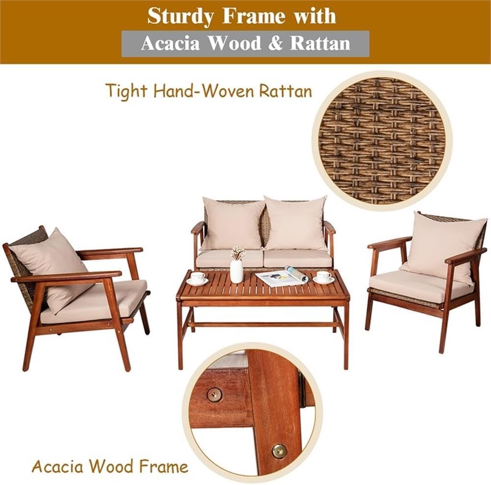 Pemberly Row 4-Piece Outdoor Patio Furniture Set, Acacia Wood and Rattan, Cushioned Sofa and Chairs, Brown Finish, Ergonomic Design, Ideal for Garden, Porch, or Patio Seating