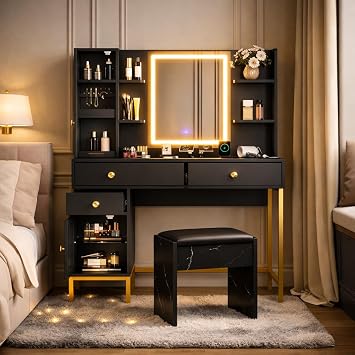 Vanity Desk with Mirror and Lights, 3 Color Dimmable Lighted Mirror, Power Outlet Makeup Vanity Desk with Charging Station, 2 Drawers Storage Cabinet Shelves, Velvet Organizer Glass Top, Black/Gold