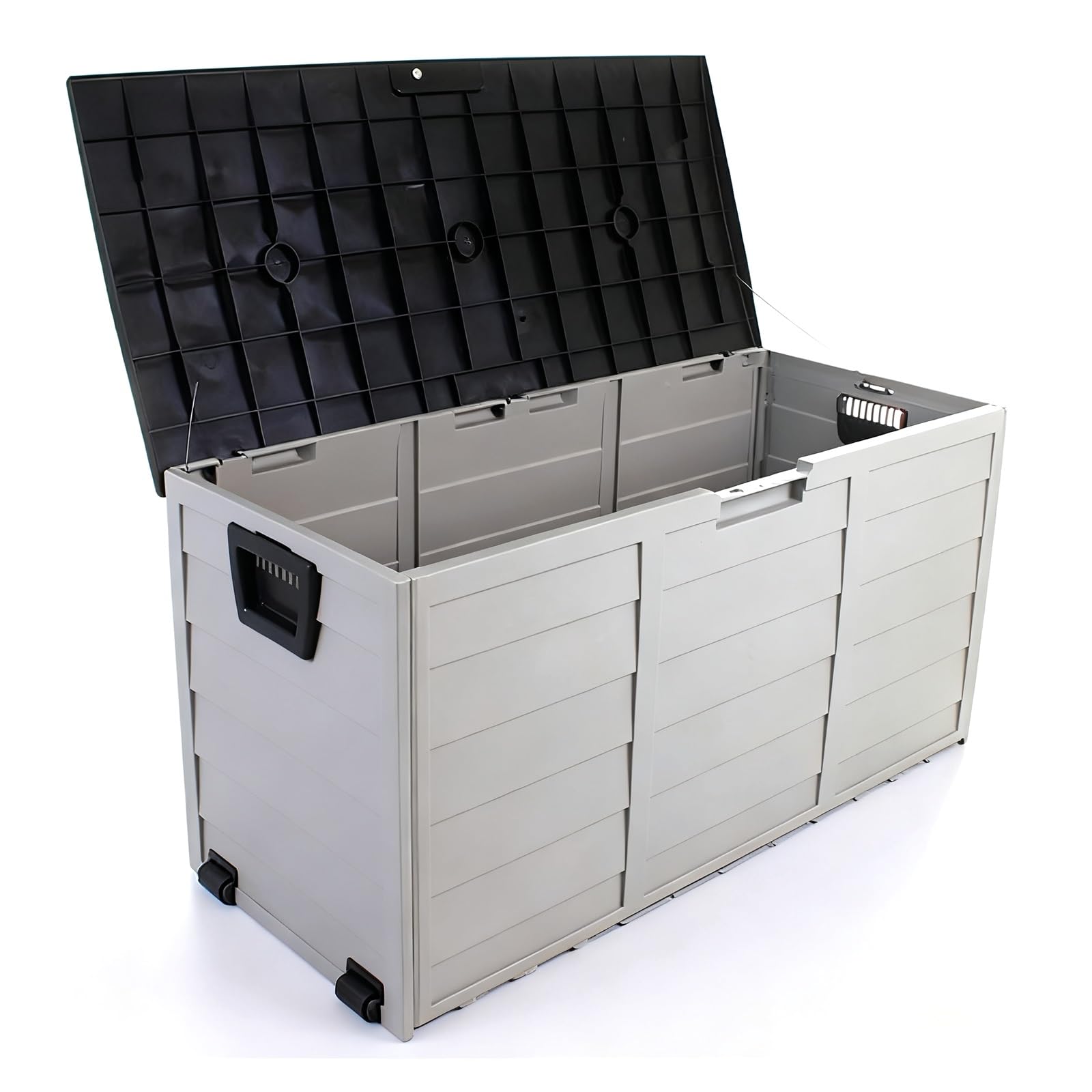 Boîte de rangement d'extérieur avec tige hydraulique, plastique PP étanche, finition grain de bois, grande capacité, verrouillable pour jardin, garage, abri de jardin