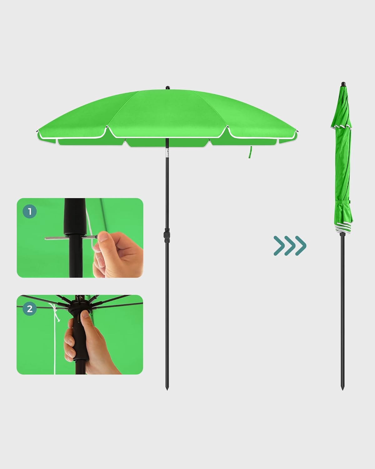 Step-by-step illustration of how to fold the parasol and secure it for storage or transport
