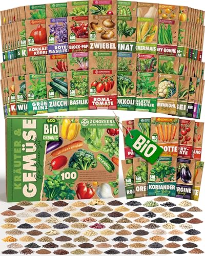 ZenGreens - Bio Kräuter- & Gemüsesamen im 100er Set - 100 Kräuter- & Gemüse Samen für den einfachen Anbau im Garten Balkon oder Hochbeet - Pflanzensamen - Saatgut