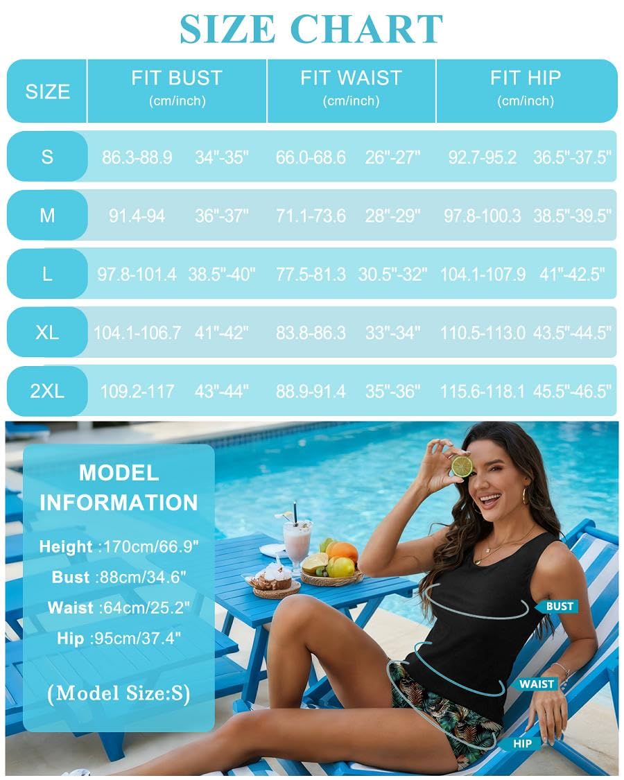 Conjunto de Tankini para Mujer 3 Piezas Cuello Redondo Traje de Baño Push up y Pantalones Cortos de Baño de Cintura Alta Bañador Reductor Barriga