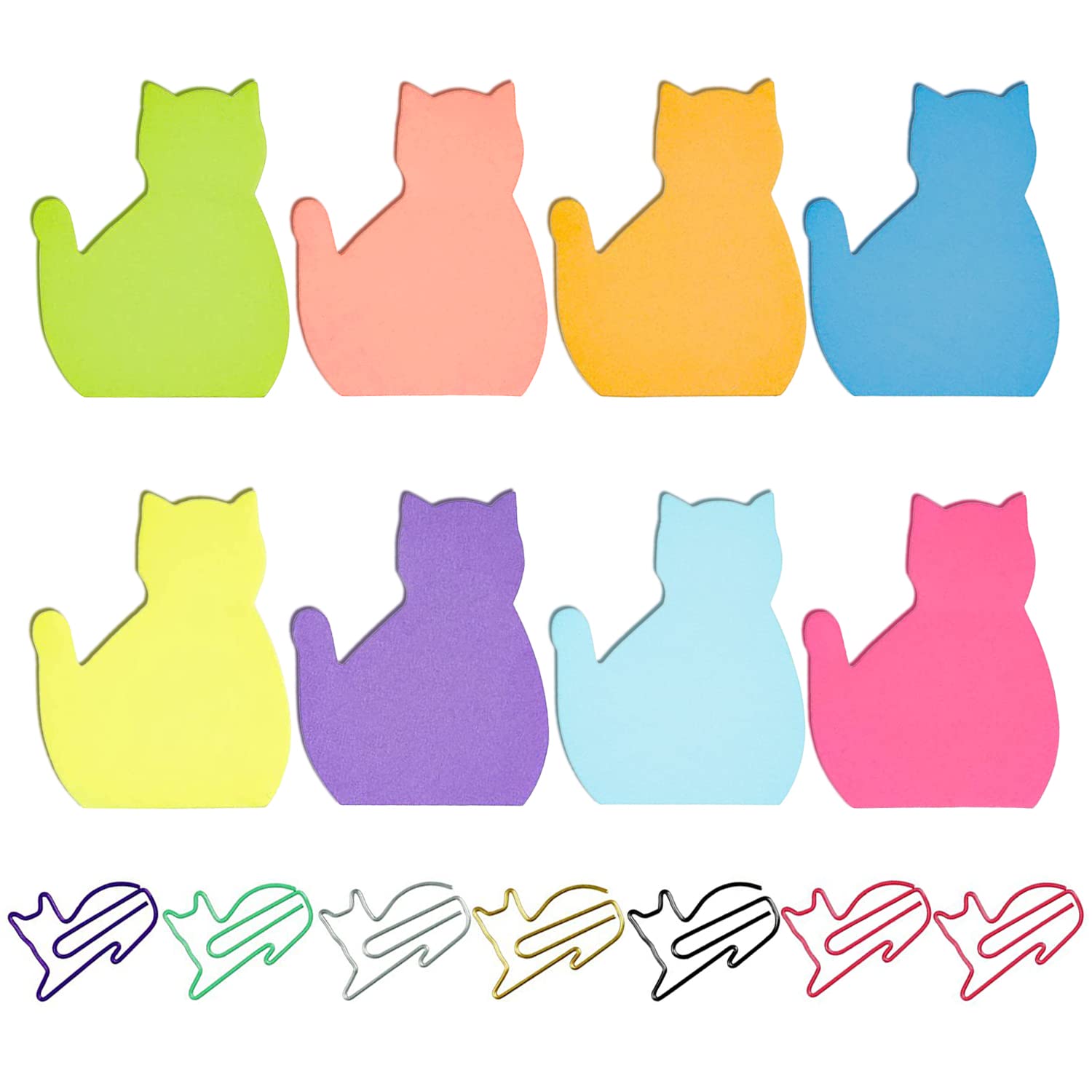 240 hojas de notas adhesivas en forma de gato, con 7 clips en forma de gato, notas de animales de dibujos animados, notas de oficina de colores, notas autoadhesivas, aptas para oficinas y familias