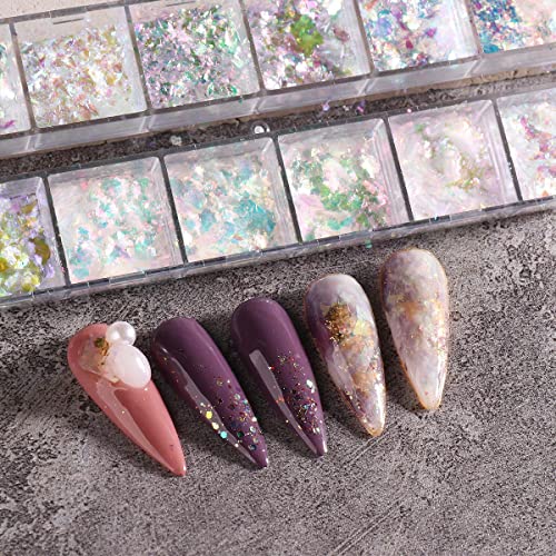 Holographic Opal Nail Art Glitter Flakes Powder Aurora Iridescent Pigment Ice Crystal Mermaid Paillettes Sparkly Sequins Design For Manicure Decoration Accessories 12 Grids #TOP5