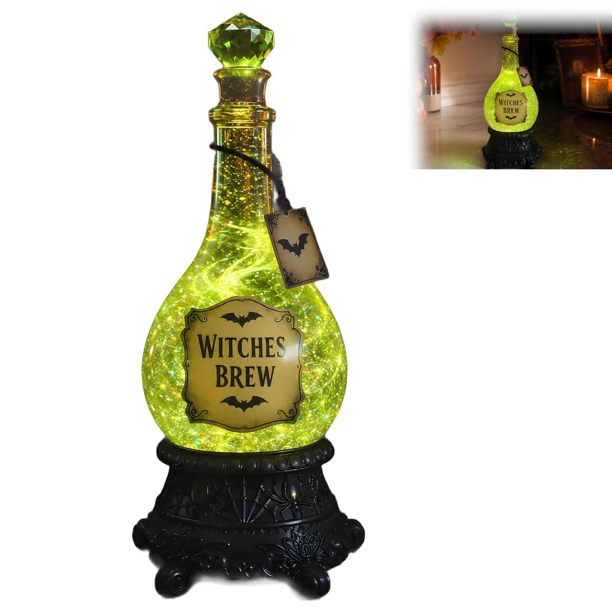 Halloween Glitter Globe Lamp, Lighted Witches’ Brew Poison Bottle Glitter Globe Light with Eerie Green Glow, Gothic Resin Bottle Decoration Halloween Witch Lamp for Mantel Shelf Party Display