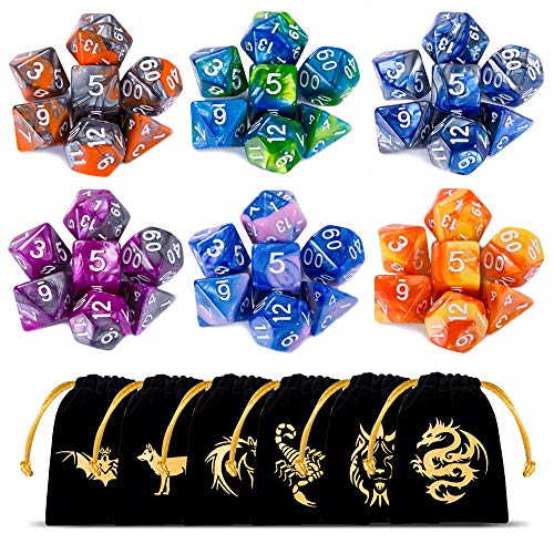 CiaraQ DND Dice Set Polyhedral Dice Set (42 Pcs) with 6 Gold Pattern Drawstring Pouches. Great for Dungeons and Dragons RPG MTG Table Games. 6 X 7 Double-Colors Dice Sets (D4 D6 D8 D10 D% D12 D20 )