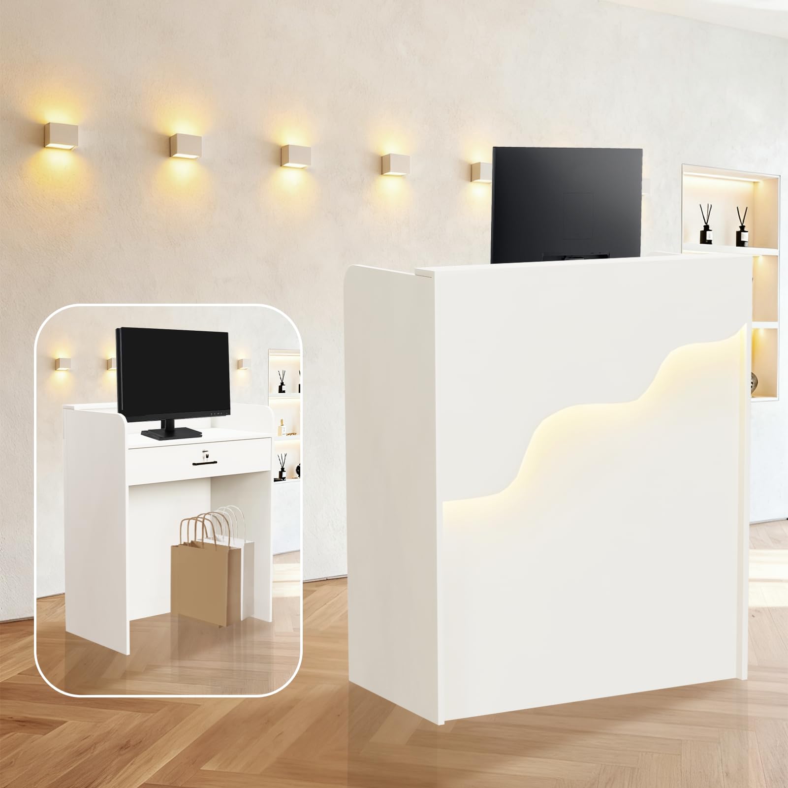 Reception Desk with Counter LED Light, Modern Front Desk with Lockable Drawer, White Retail Checkout Counter for Clothing Store Lobby Beauty Salon (