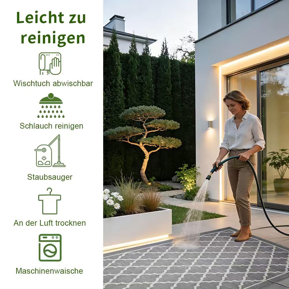 Outdoor Teppich Wetterfest 160x230 cm, Frühling Camping Teppich, Wasserdicht Balkon Terrasse Matte Rug Carpet für Garten Patio RV Picknick, Rug UV-Beständig Waschbar Tragbar, Graue Gitter
