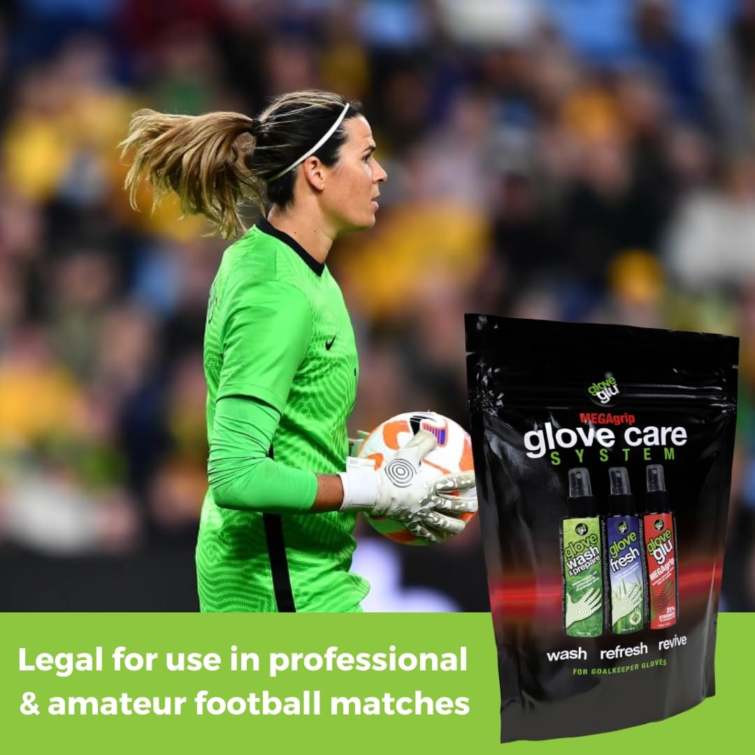 gloveglu MEGAgrip Système d'entretien des gants, Ensemble de gardien de but en 3 étapes, Gloveglu MEGAgrip, Lavage et préparation des gants, Glove Fresh, 3 x 120 ml de sprays pour gants
