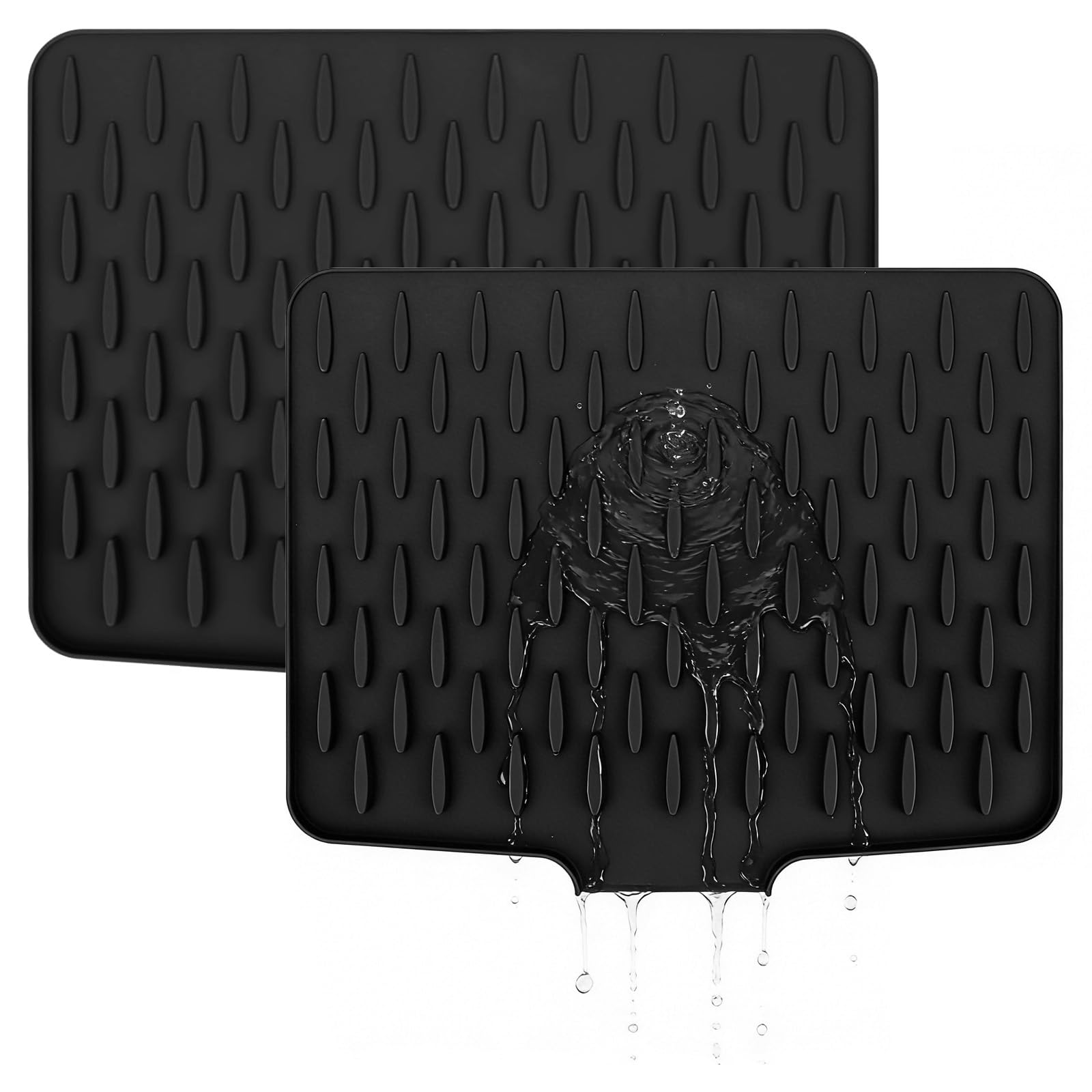 Wihozte Black Silicone Draining Mat, Non-Slip Silicone Dish Drying Mat No-Spill Dish Drainer Mat, Fast-Tableware Fruit Vegetable Draining Board Mat Folding Draining Board Mat (2, )
