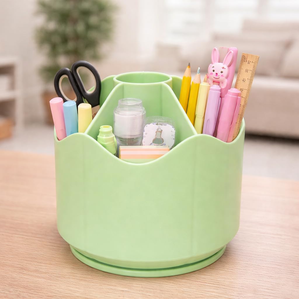 AccuPrints Desk Organizer Pen Holder, Green, Plastic, Multi-Compartment, Cylindrical, 13.5x12.7 cm, Matte Finish, Freestanding (Green)