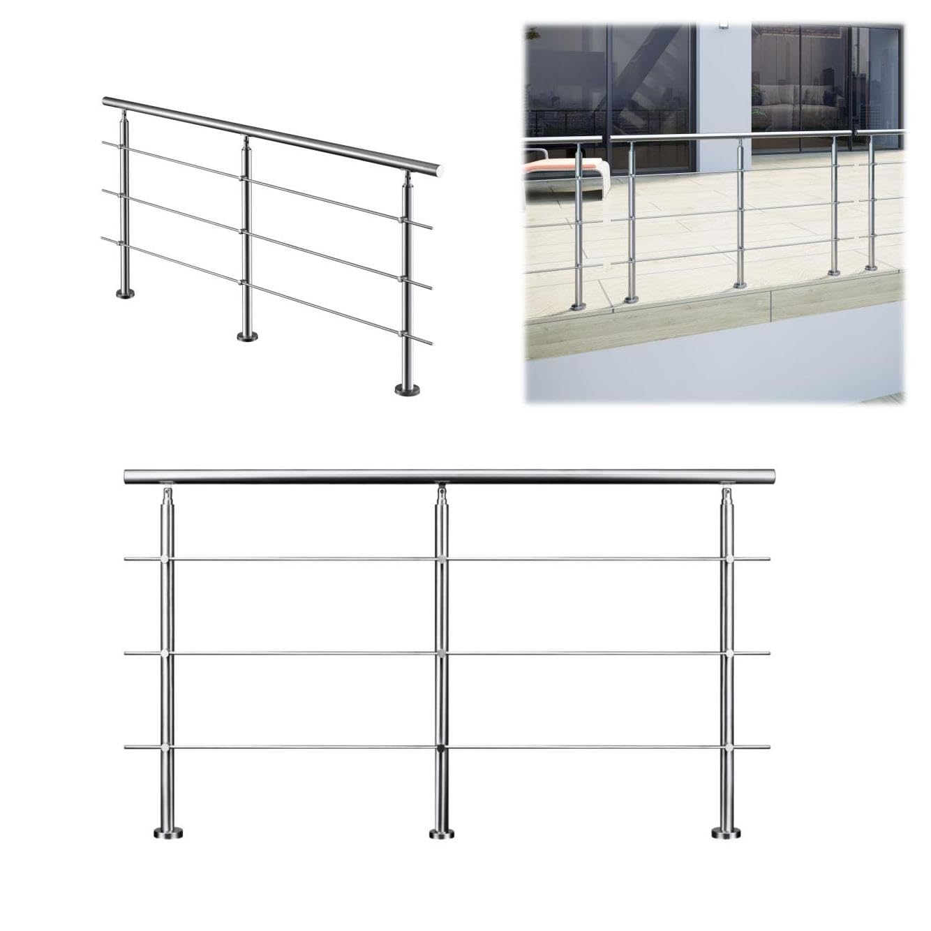 Biubiubath Silver 200Cm 304 Stainless Steel Handrail With 3 Crossbars Balustrade Stair/Step For Outdoor And Indoor