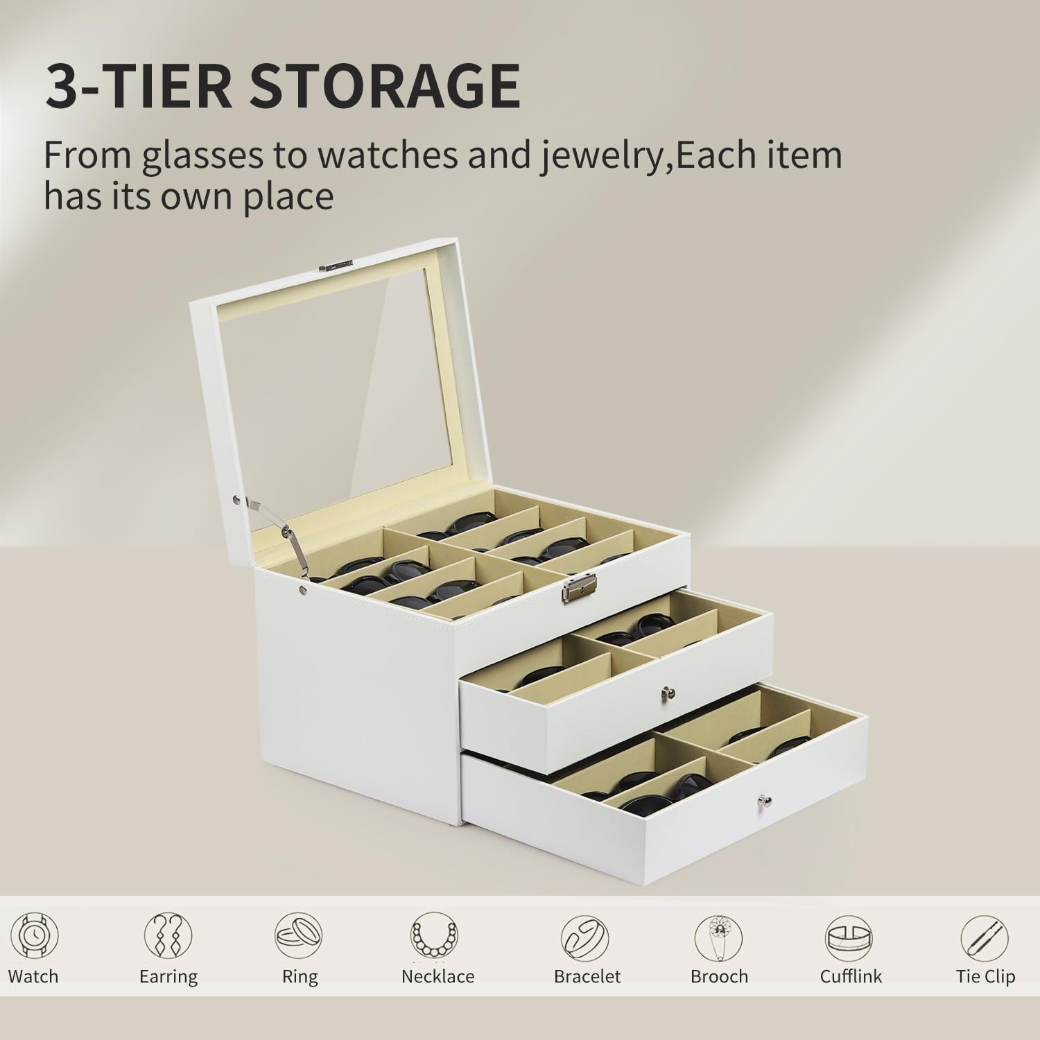 AUTOARK Organizer per occhiali da vista e da sole,in pelle,con serratura,24 pezzi,Bianco,AW-172