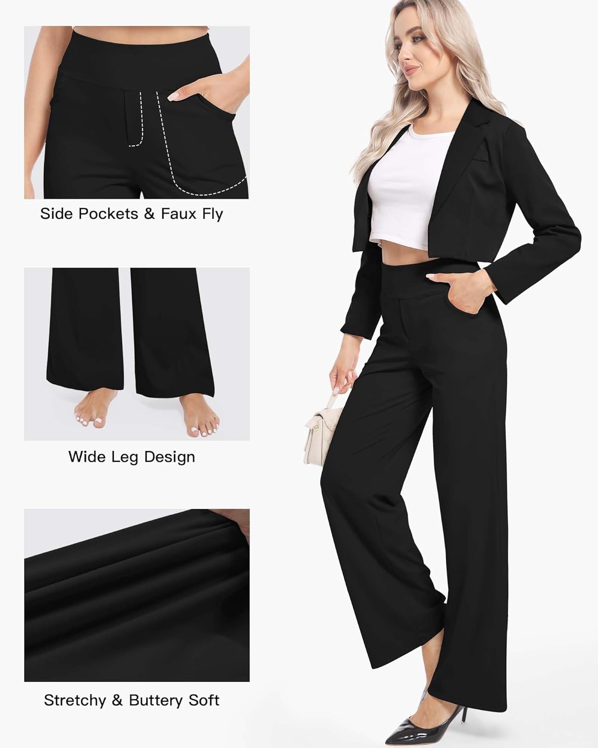 CL convallaria Womens Wide Leg Yoga Pants with Pockets Stretch Trousers Business Casual Dress Pant Petite Regular - Image 3