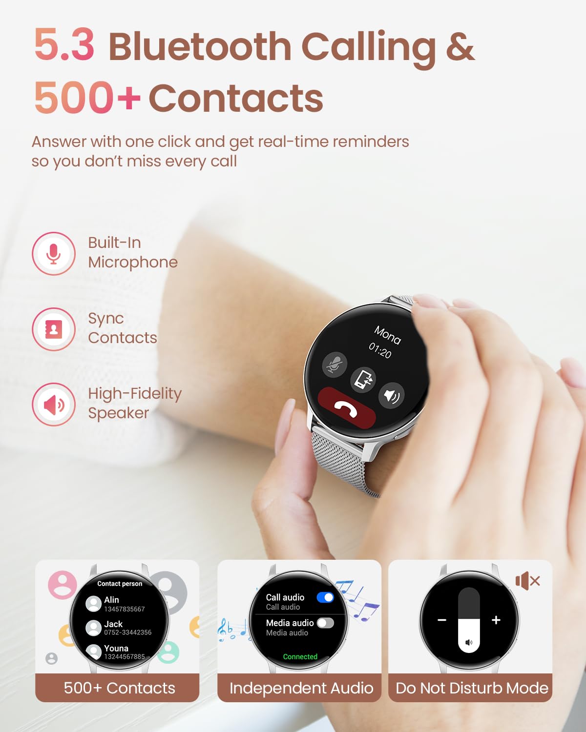 HASAKEI Smartwatch Donna con Effettua o Risposta Chiamate, 1,39" HD Smart Watch, Fisiologia Feminile, 120 Sport, Orologio Smartwatch Digitale Cardiofrequenzimetro/SpO2/Sonno Android iOS, Argento