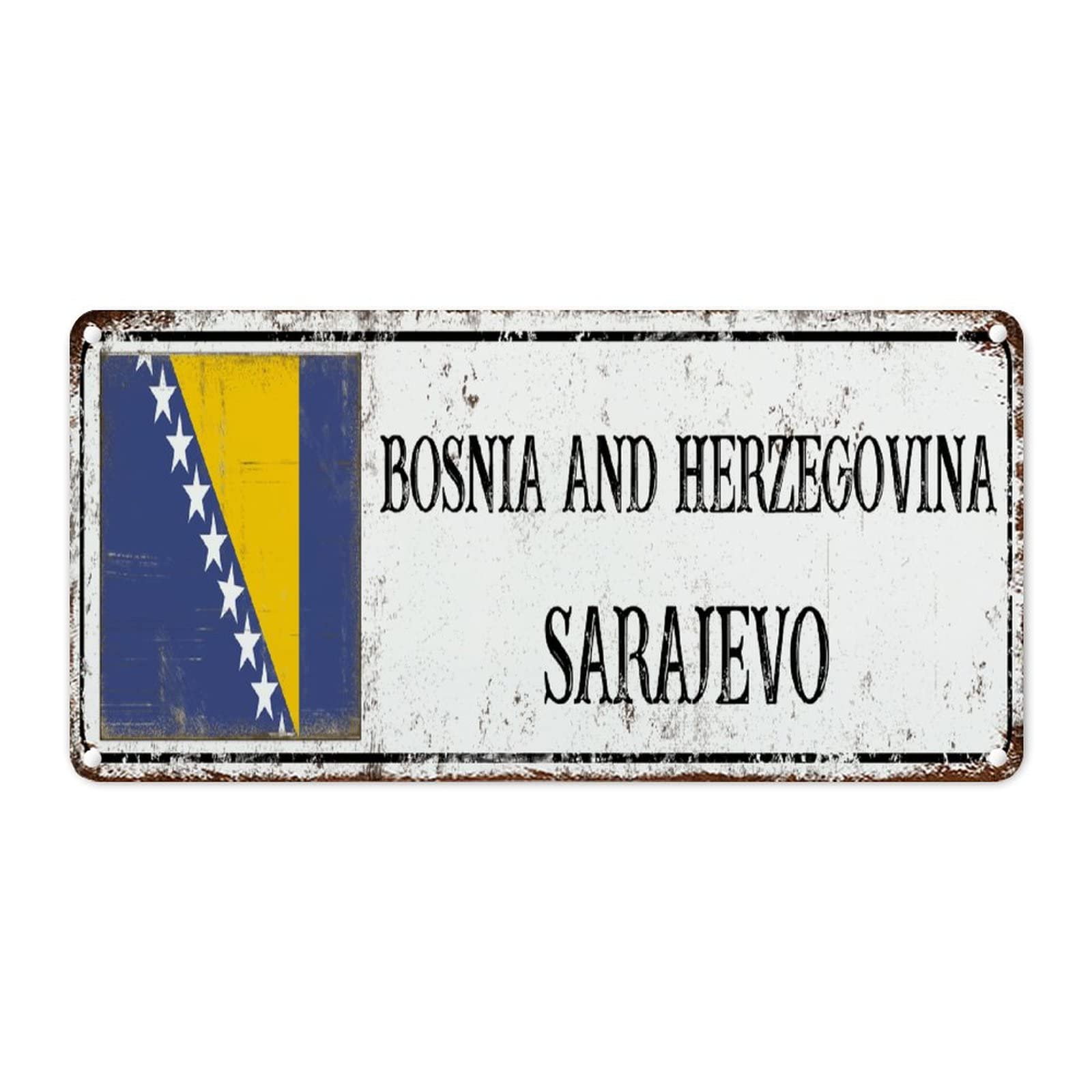 WoGuangis Bosnia And Herzegovina Sarajevo City Wall Art Decor Metal Sign Bosnia And Herzegovina Country Flag Retro Vintage Tin Metal Sign Travel Gift Souvenir Men Cave Signs for Home 12x6in
