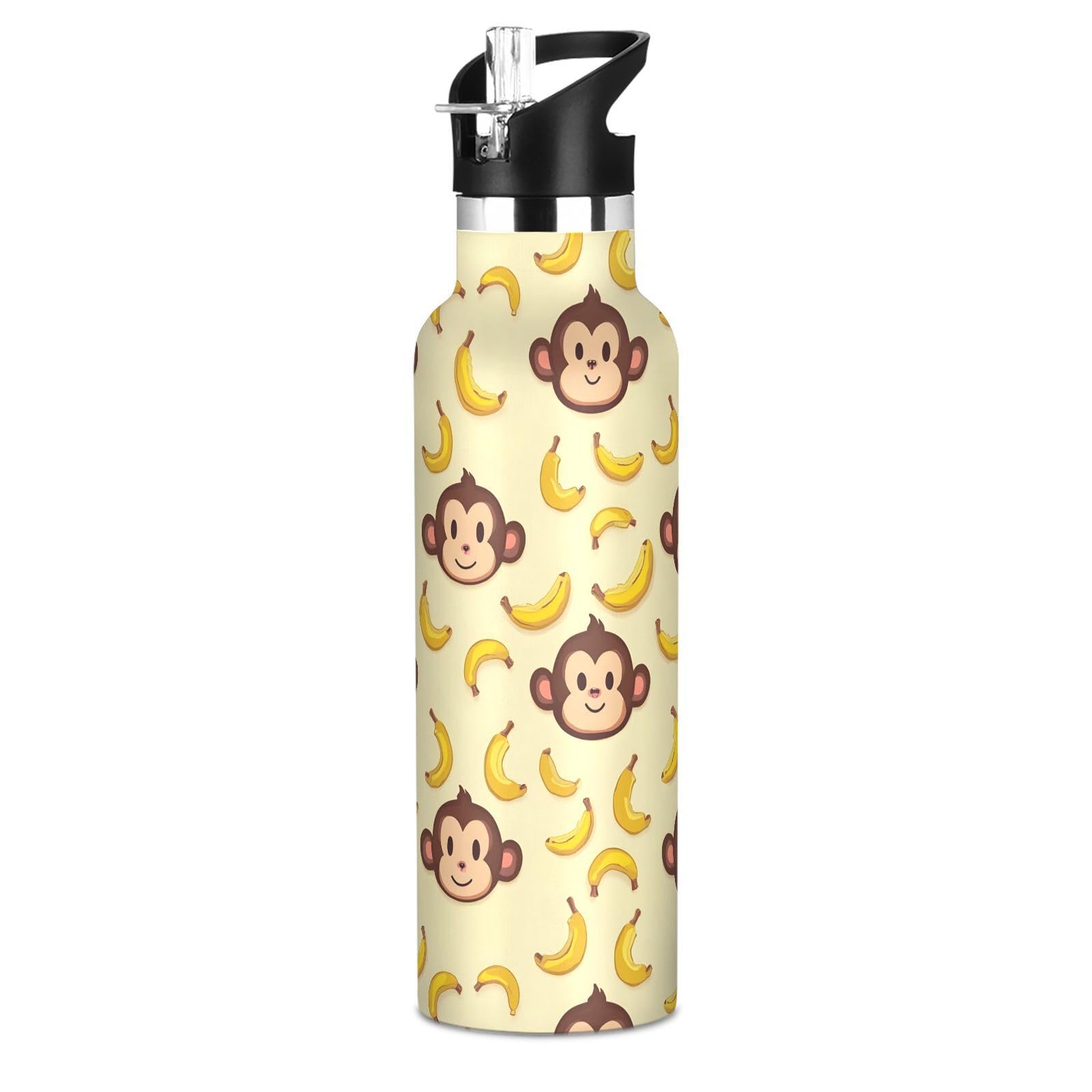 ALAZA Cute Monkey Banana Water Bottle with Straw Lids Vacuum Insulated Leakproof Stainless-Steel Sports Bottle 20 oz Hot Cold Water Flask Reusable Insulated Bottles