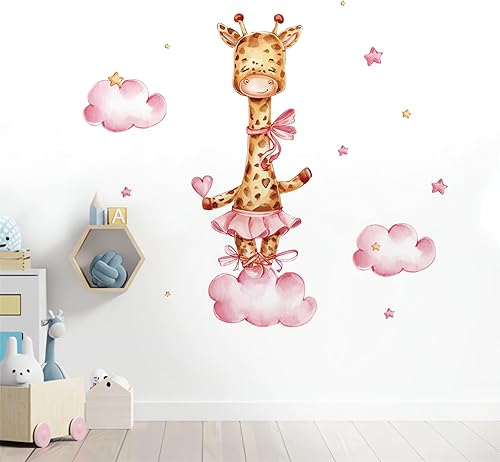 Miniatura 3 de Calcomanías de pared con diseño de jirafa rosa para bebé, diseño de amor de nube, dibujos animados, animales, vinilo extraíble, despegar y pegar