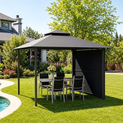 JUMMICO Expandable Gazebo 3x3m to 3x6m Heavy Duty Steel Frame with Double Roof & Side Pergola Waterproof & UV50+ Canopy with Mosquito Screens for Garden Party Patio Grey