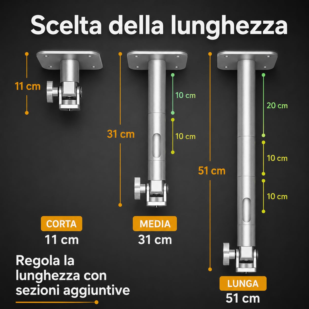 Staffa a Soffitto e Parete per Proiettore – Supporto Universale, Portata 10 kg, Regolabile 11-51 cm, Filettatura 1/4", Alluminio Al6063, Rotazione 360°, Cavo Nascosto, Argento