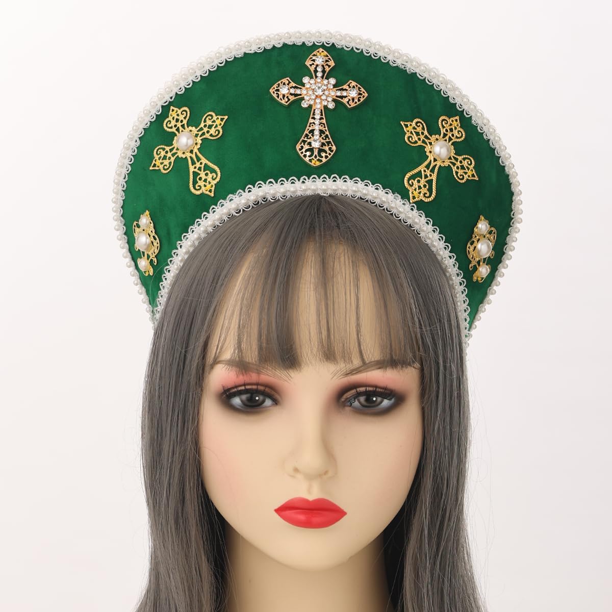 BPURB Tudor Queen Coronet Hooded Hat for Women Anne Boleyn Hat Headwear Elizabethan Headwear French Royal Headband for Cosplay Party Green - Image 3